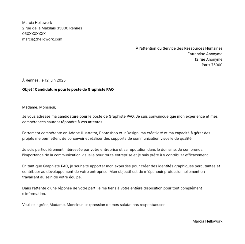 Modèle lettre de motivation Graphiste PAO Exemple lettre de motivation Graphiste PAO