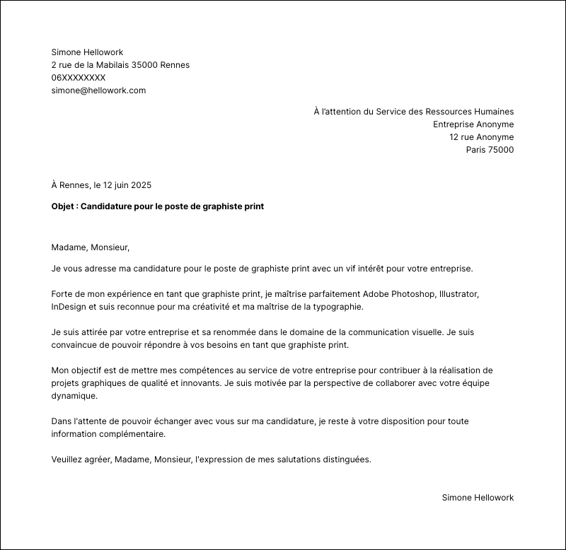 Exemple lettre de motivation Graphiste print
