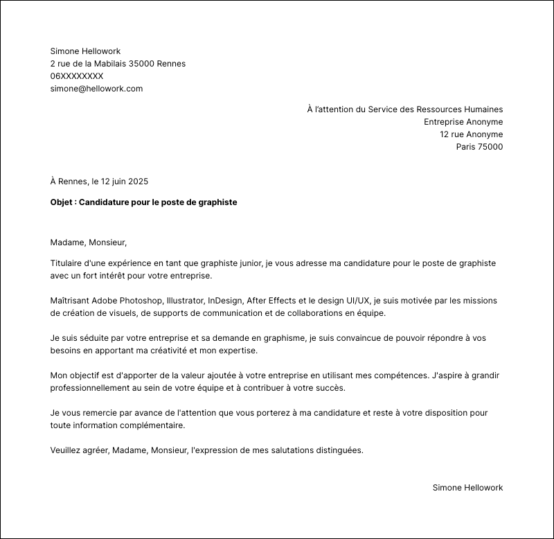 Modèle lettre de motivation Graphiste Exemple lettre de motivation Graphiste