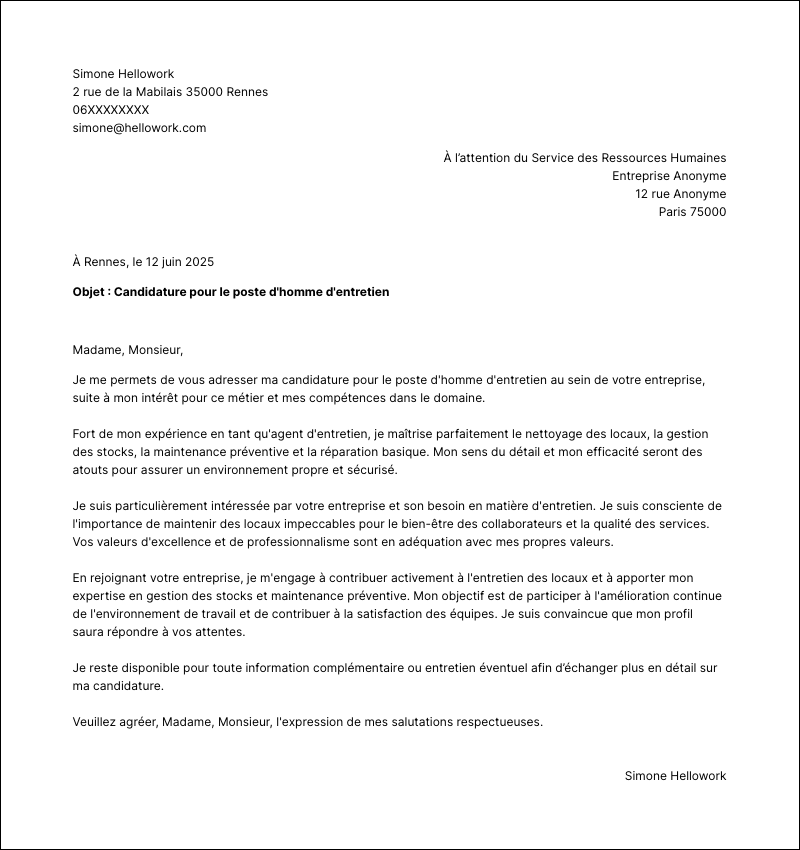 Modèle lettre de motivation Homme d'entretien Exemple lettre de motivation Homme d'entretien
