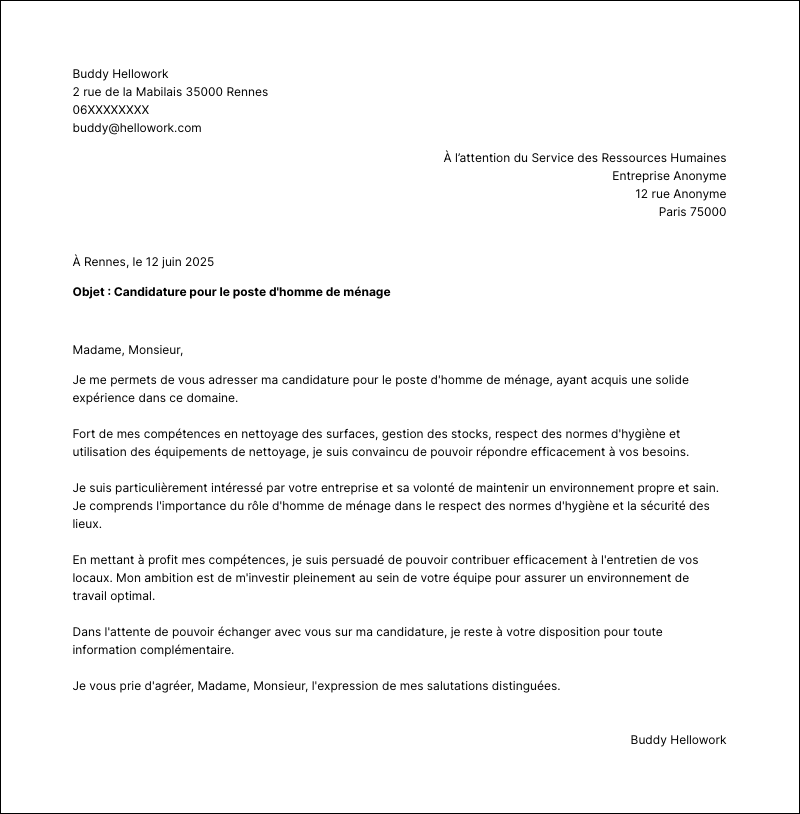 Modèle lettre de motivation Homme de ménage Exemple lettre de motivation Homme de ménage
