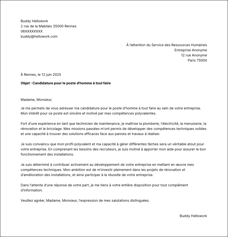 Modèle lettre de motivation Homme à tout faire Exemple lettre de motivation Homme à tout faire