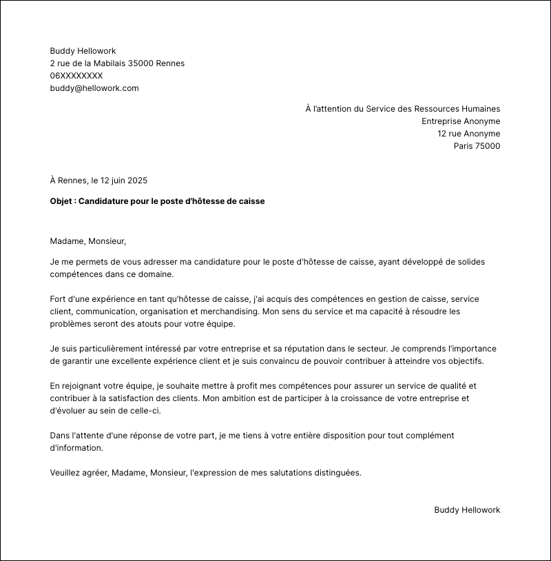Modèle lettre de motivation Hôtesse de caisse Exemple lettre de motivation Hôtesse de caisse