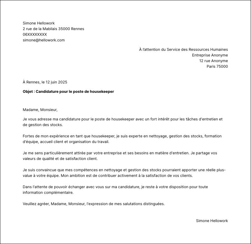 Exemple lettre de motivation Housekeeper