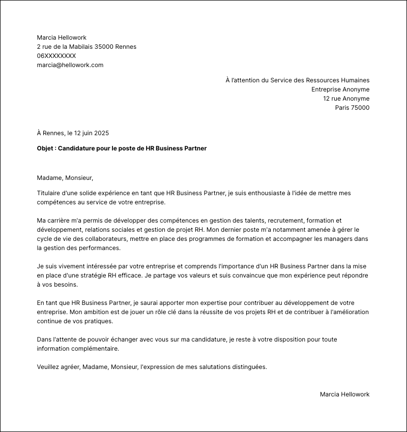 Modèle lettre de motivation HR Business Partner Exemple lettre de motivation HR Business Partner