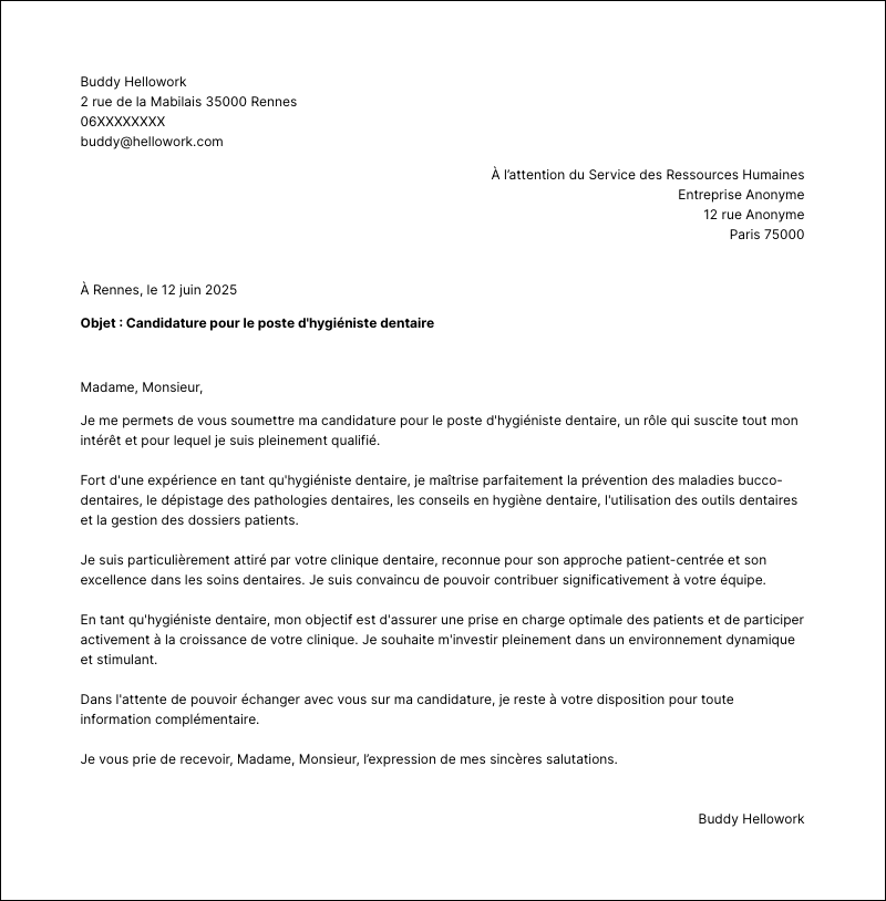 Modèle lettre de motivation Hygiéniste dentaire Exemple lettre de motivation Hygiéniste dentaire