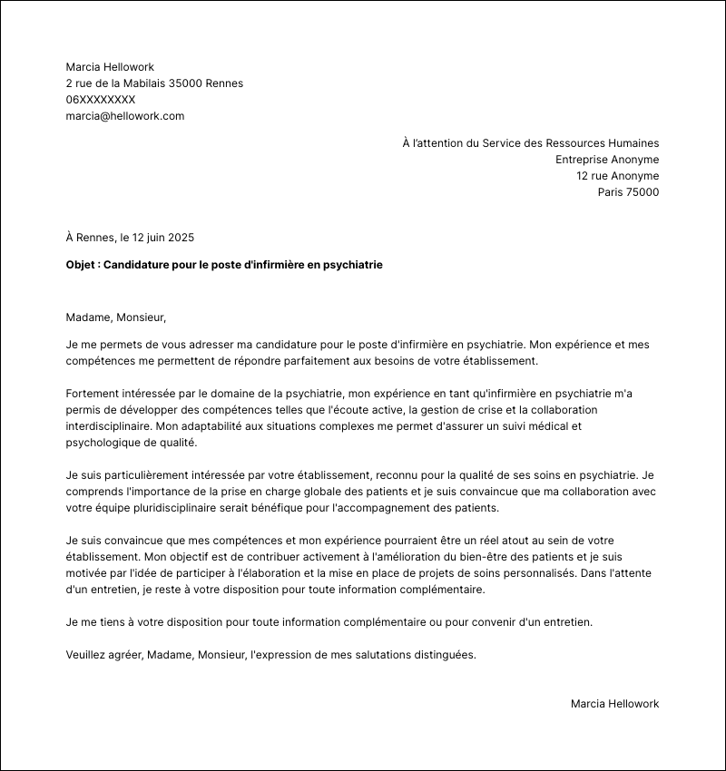 Modèle lettre de motivation Infirmier psychiatrie Exemple lettre de motivation Infirmier psychiatrie