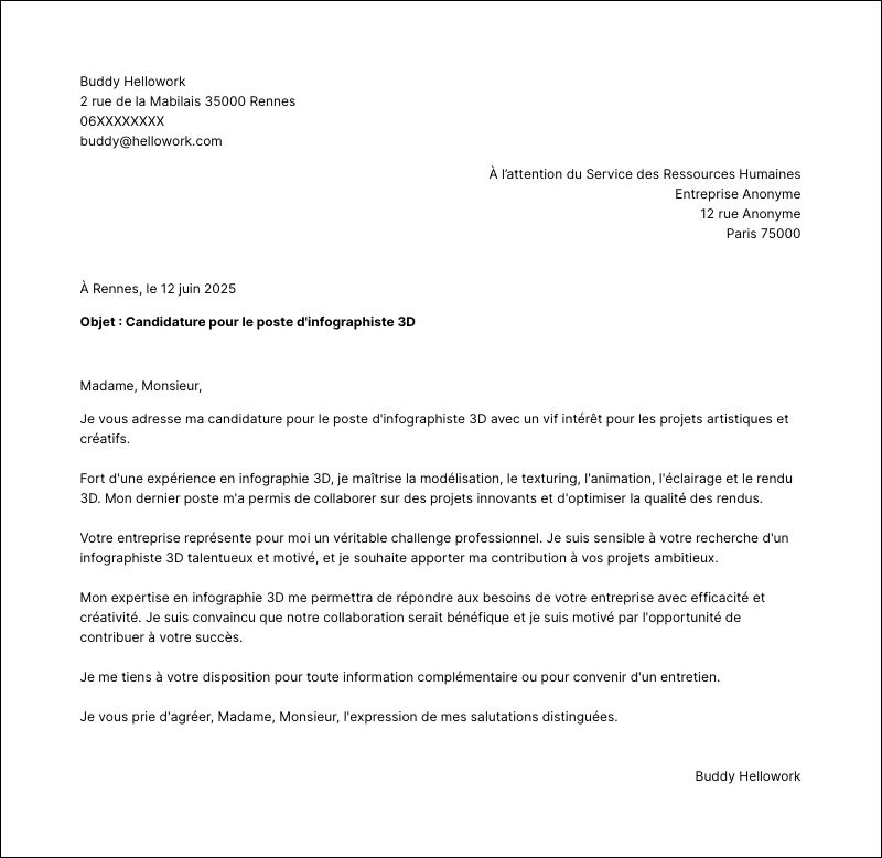 Modèle lettre de motivation Infographiste 3D Exemple lettre de motivation Infographiste 3D