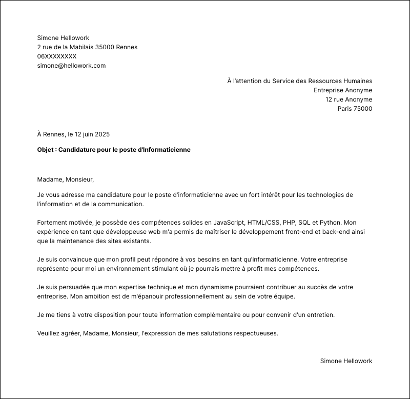 Modèle lettre de motivation Informaticien Exemple lettre de motivation Informaticien