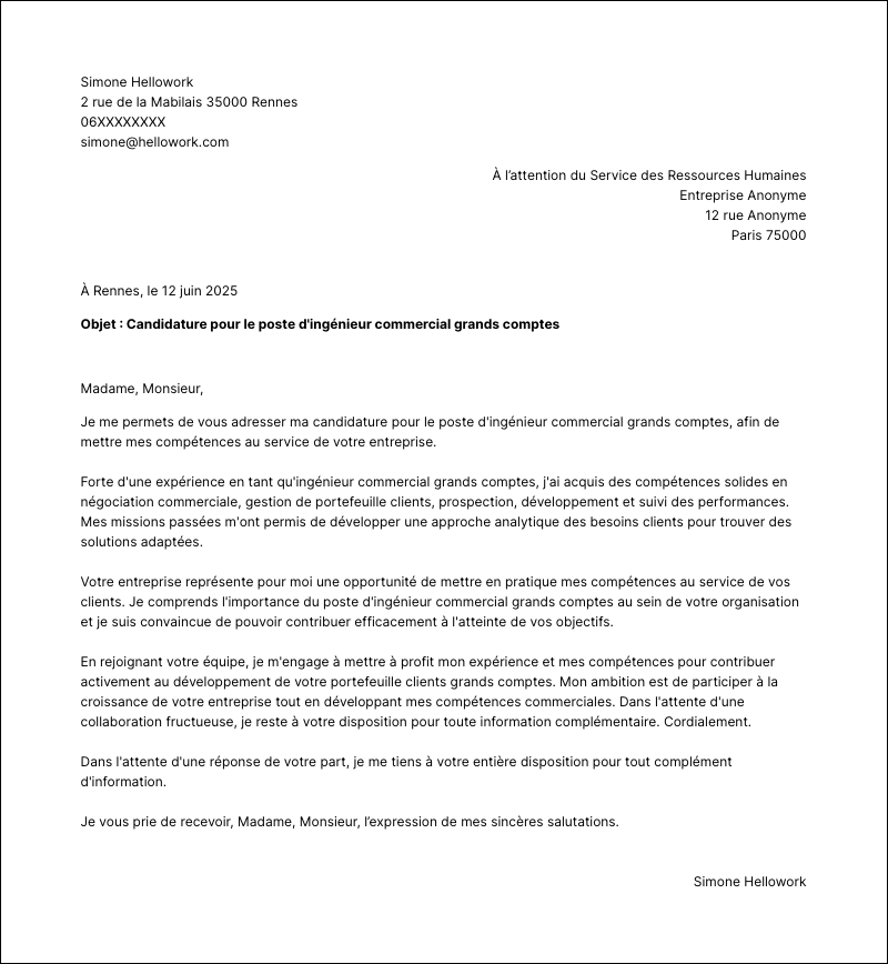 Modèle lettre de motivation Ingénieur commercial grands comptes Exemple lettre de motivation Ingénieur commercial grands comptes