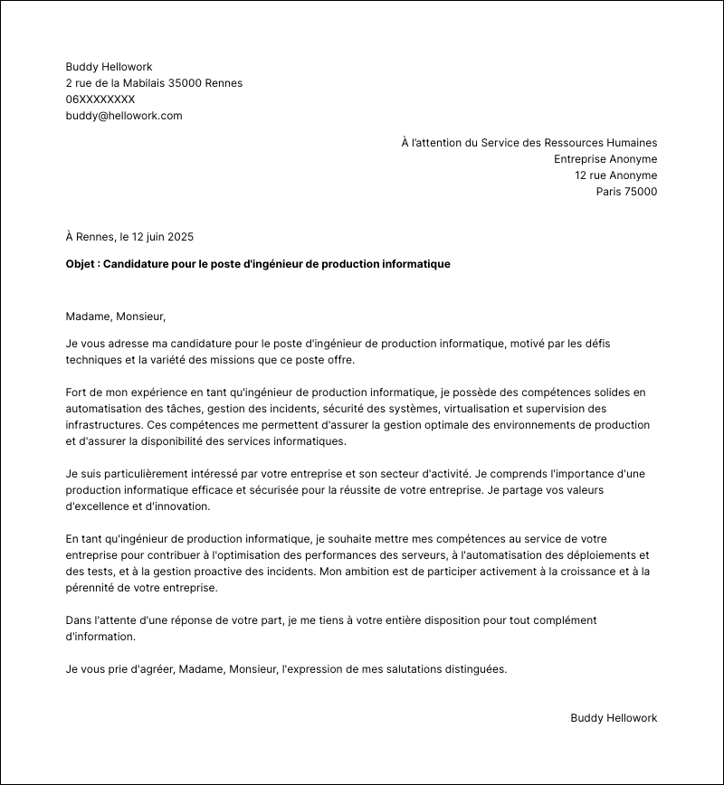 Modèle lettre de motivation Ingénieur de production informatique Exemple lettre de motivation Ingénieur de production informatique