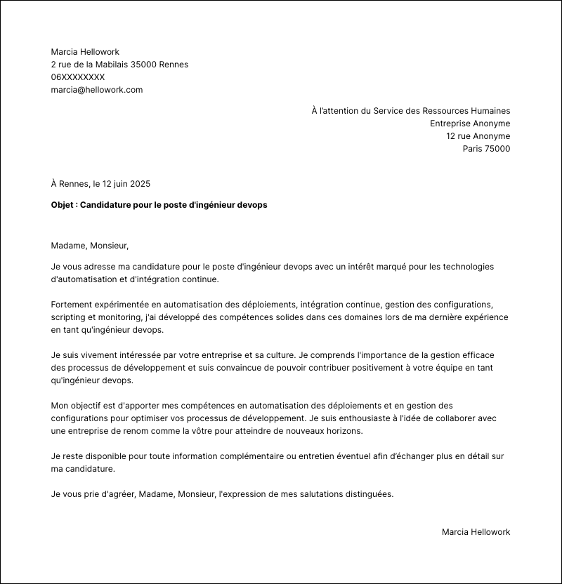 Modèle lettre de motivation Ingénieur Devops Exemple lettre de motivation Ingénieur Devops