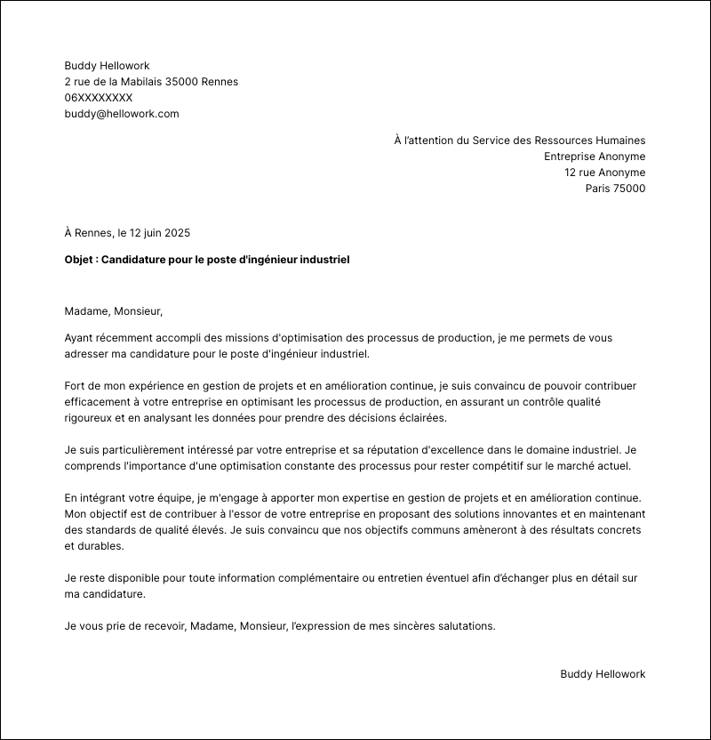 Modèle lettre de motivation Ingénieur industriel Exemple lettre de motivation Ingénieur industriel