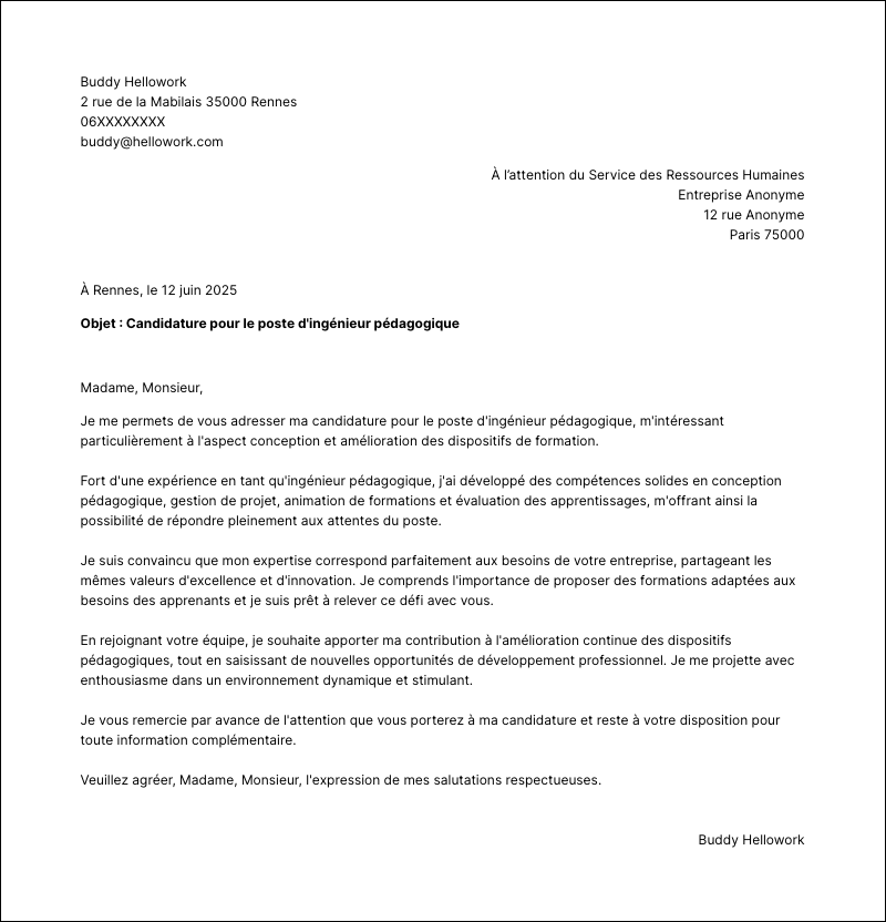 Modèle lettre de motivation Ingénieur pédagogique Exemple lettre de motivation Ingénieur pédagogique