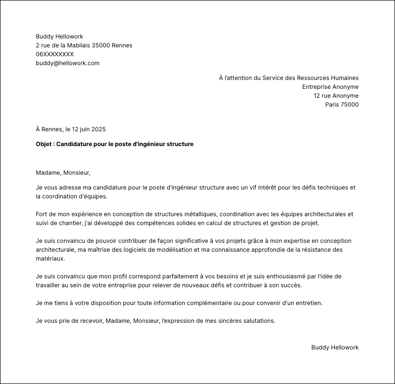 Modèle lettre de motivation Ingénieur structure Exemple lettre de motivation Ingénieur structure