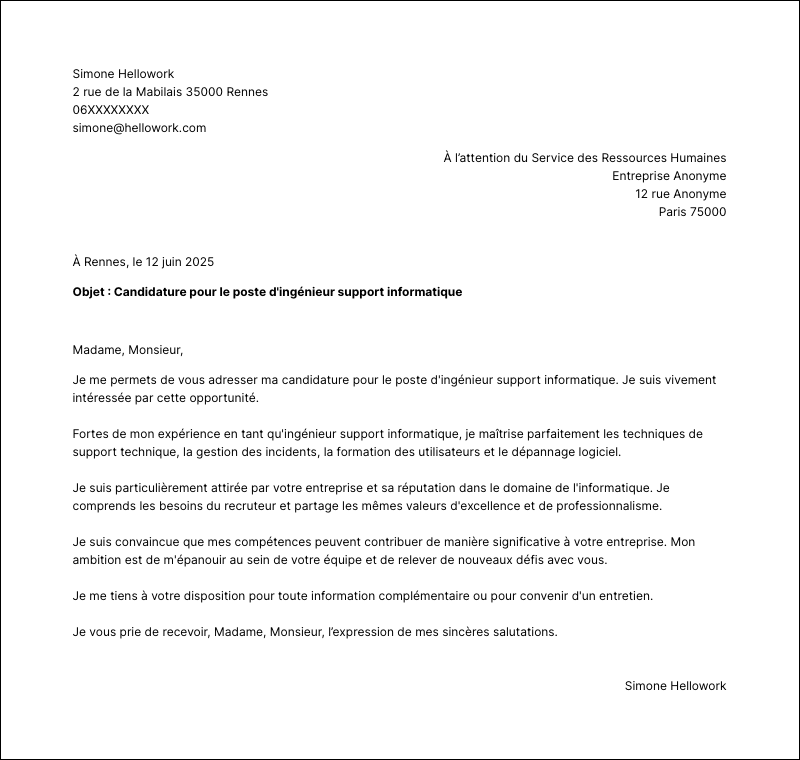 Modèle lettre de motivation Ingénieur support informatique Exemple lettre de motivation Ingénieur support informatique