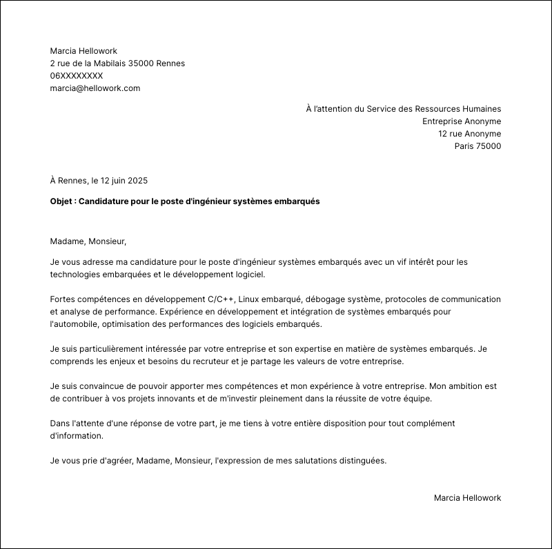 Modèle lettre de motivation Ingénieur systèmes embarqués Exemple lettre de motivation Ingénieur systèmes embarqués