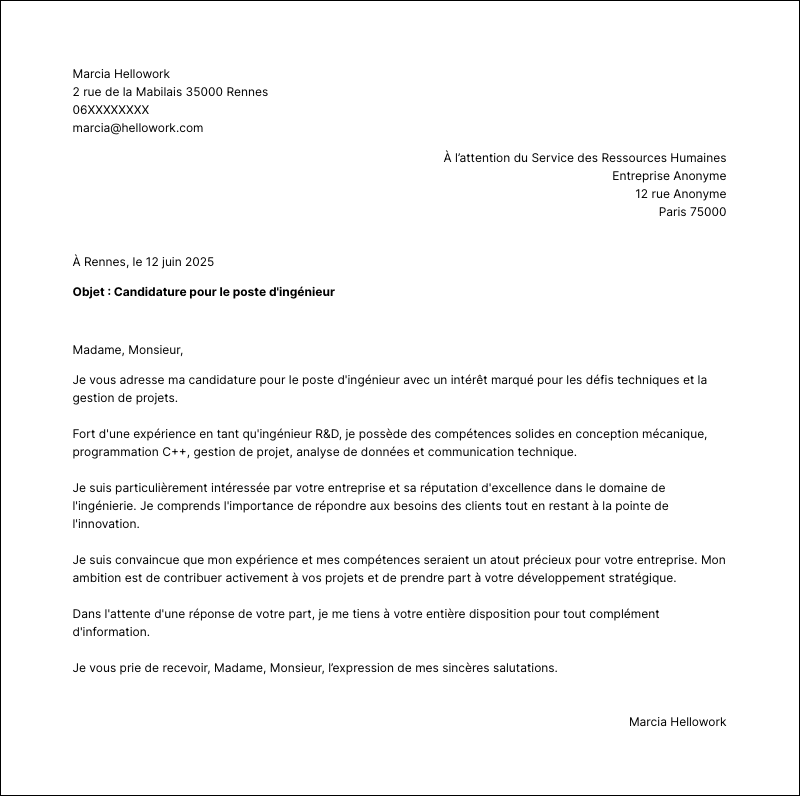 Modèle lettre de motivation Ingénieur Exemple lettre de motivation Ingénieur