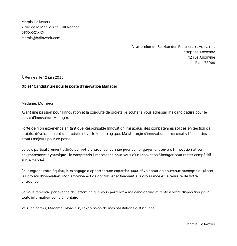 Modèle lettre de motivation Innovation manager Exemple lettre de motivation Innovation manager