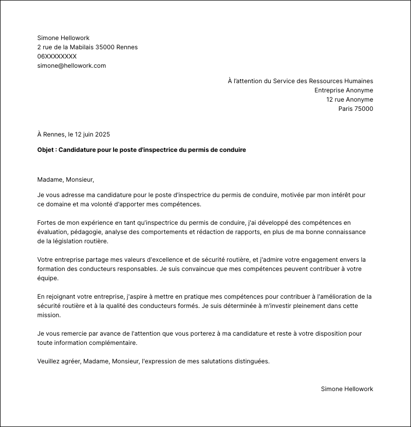Modèle lettre de motivation Inspecteur du permis de conduire Exemple lettre de motivation Inspecteur du permis de conduire