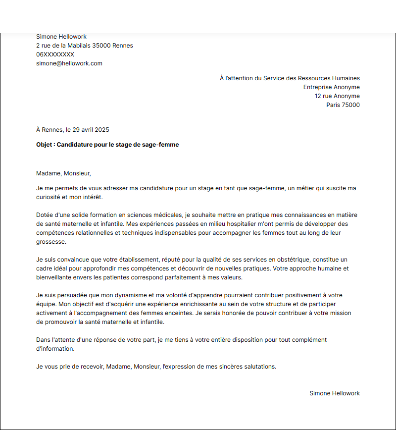Modèle lettre de motivation pour un stage Sage-femme Exemple lettre de motivation pour un stage Sage-femme