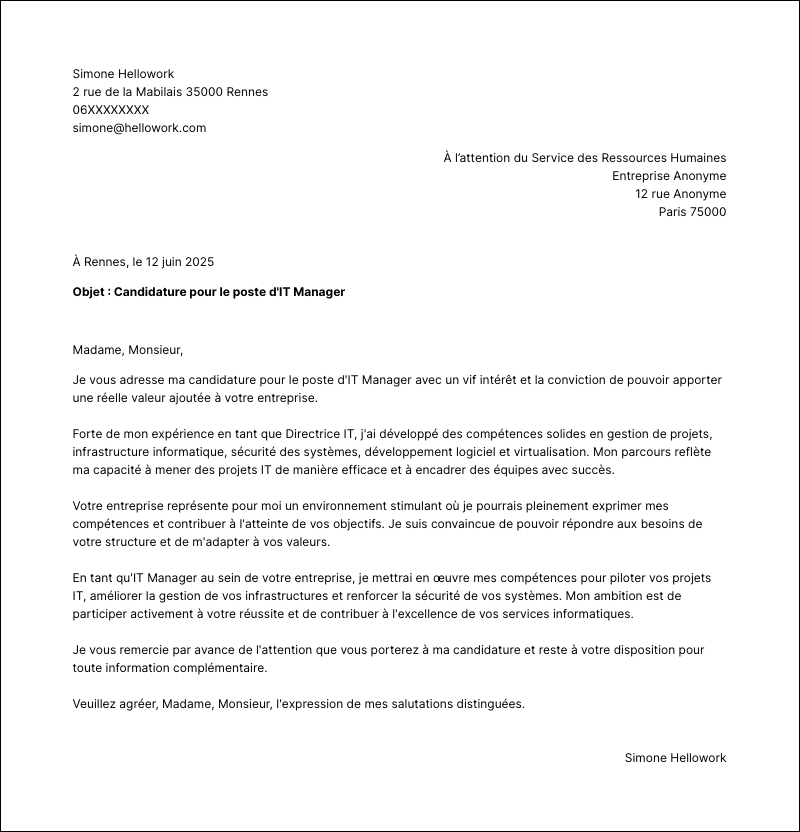 Modèle lettre de motivation IT manager Exemple lettre de motivation IT manager