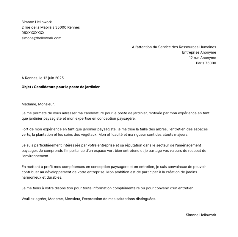 Modèle lettre de motivation Jardinier Exemple lettre de motivation Jardinier