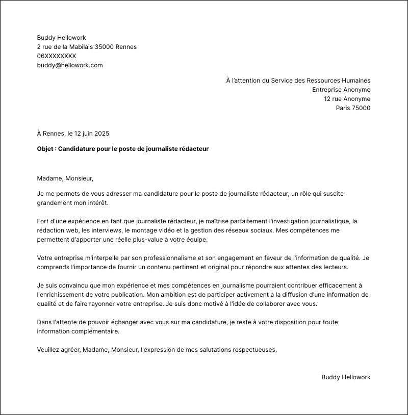 Modèle lettre de motivation Journaliste rédacteur Exemple lettre de motivation Journaliste rédacteur