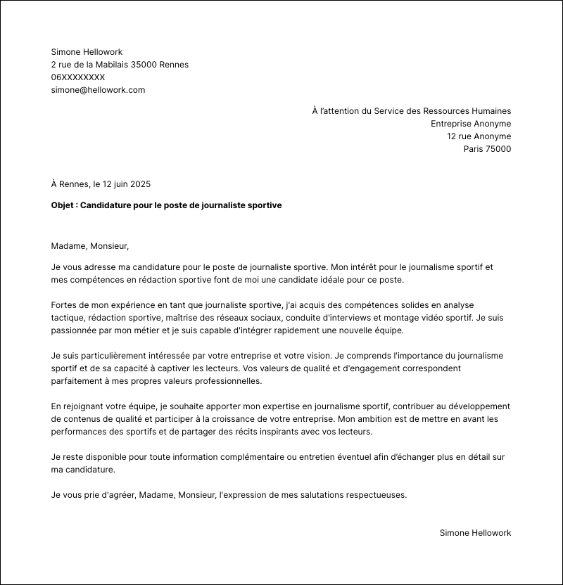 Modèle lettre de motivation Journaliste sportif Exemple lettre de motivation Journaliste sportif