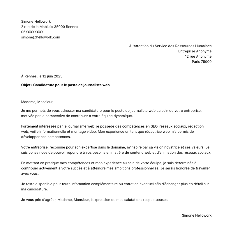 Exemple lettre de motivation Journaliste web
