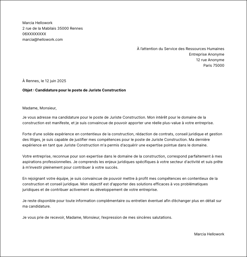 Modèle lettre de motivation Juriste construction Exemple lettre de motivation Juriste construction