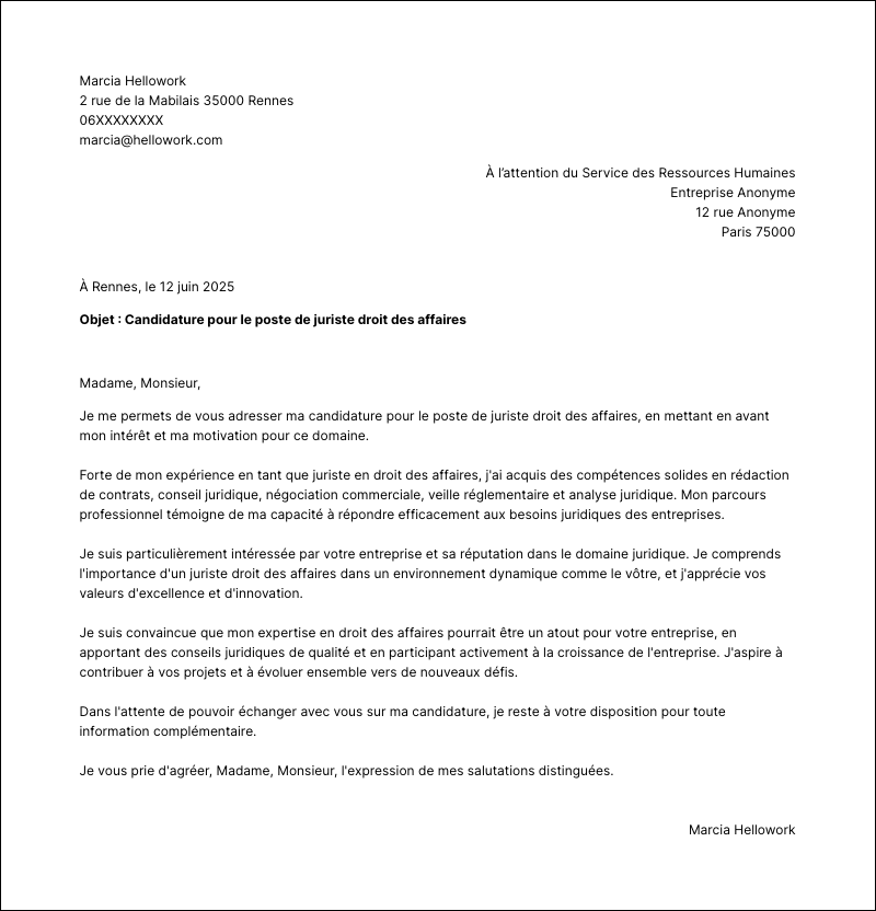 Modèle lettre de motivation Juriste droit des affaires Exemple lettre de motivation Juriste droit des affaires