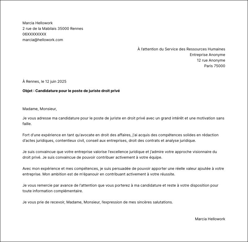 Modèle lettre de motivation Juriste droit privé Exemple lettre de motivation Juriste droit privé