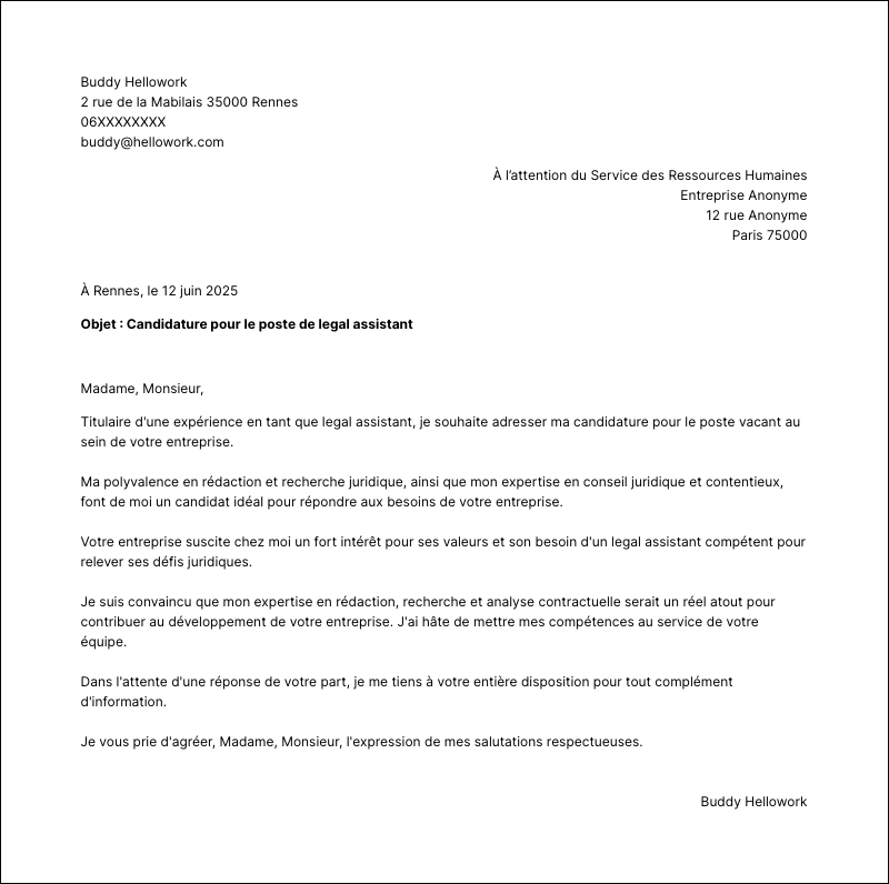 Modèle lettre de motivation Legal assistant Exemple lettre de motivation Legal assistant