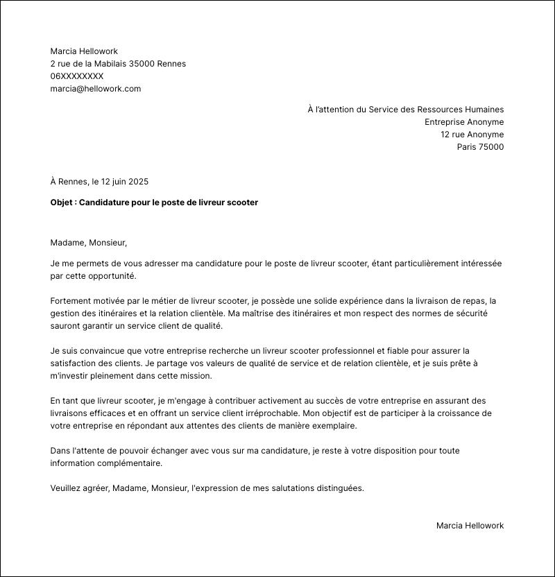 Modèle lettre de motivation Livreur scooter Exemple lettre de motivation Livreur scooter