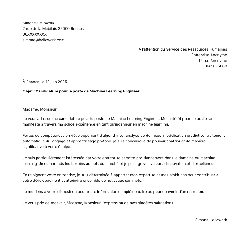 Modèle lettre de motivation Machine learning engineer Exemple lettre de motivation Machine learning engineer