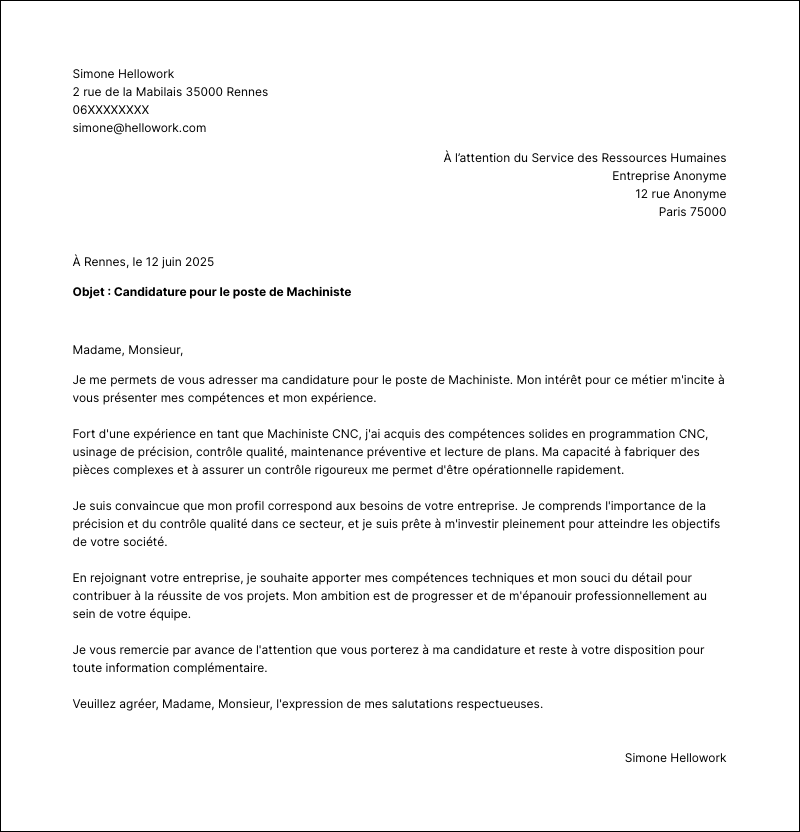 Exemple lettre de motivation Machiniste