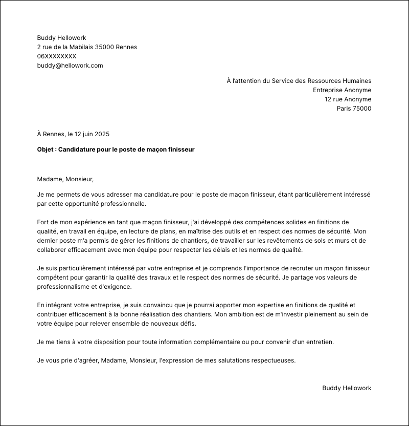 Modèle lettre de motivation Maçon finisseur Exemple lettre de motivation Maçon finisseur
