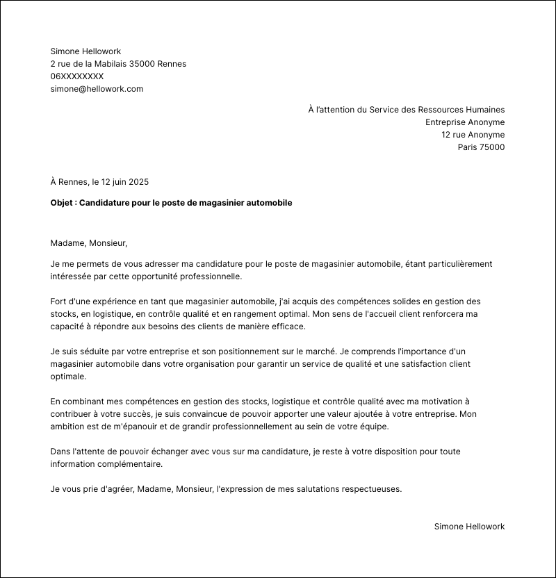Exemple lettre de motivation Magasinier automobile