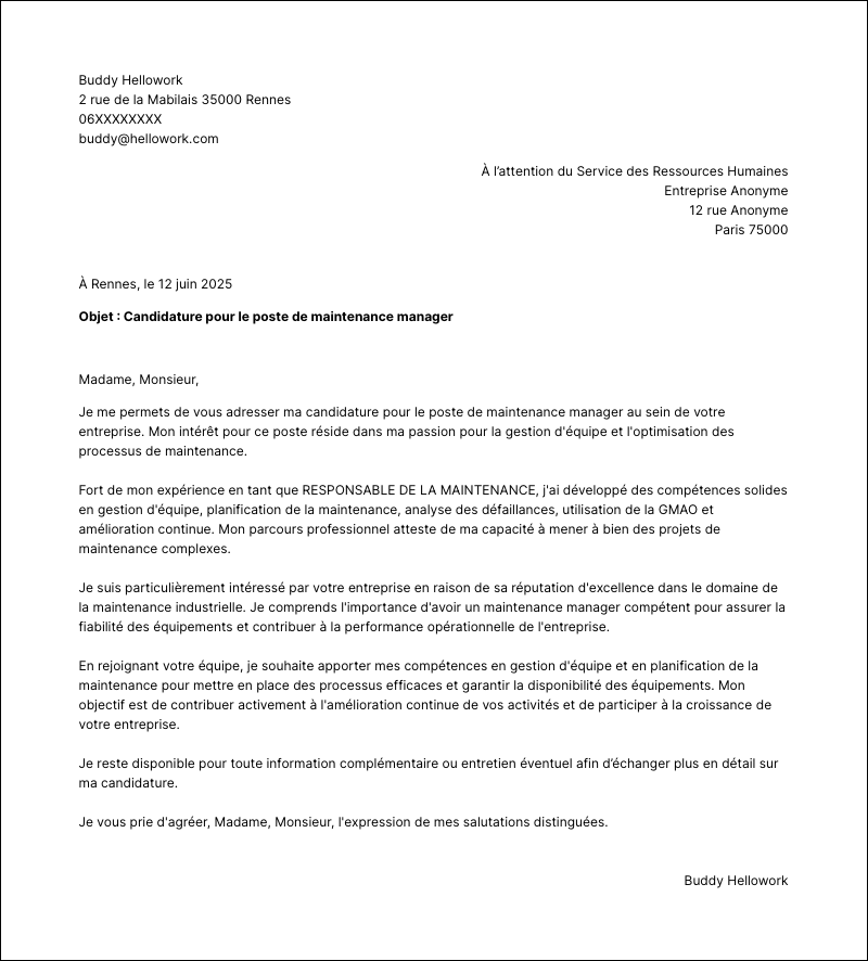 Exemple lettre de motivation Maintenance Manager