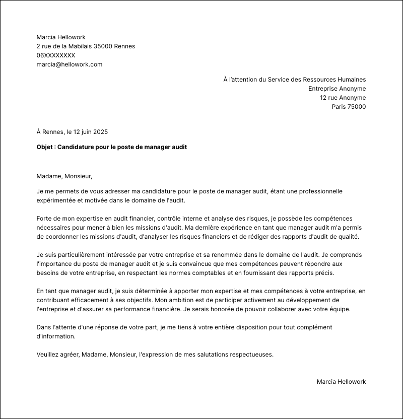 Exemple lettre de motivation Manager audit