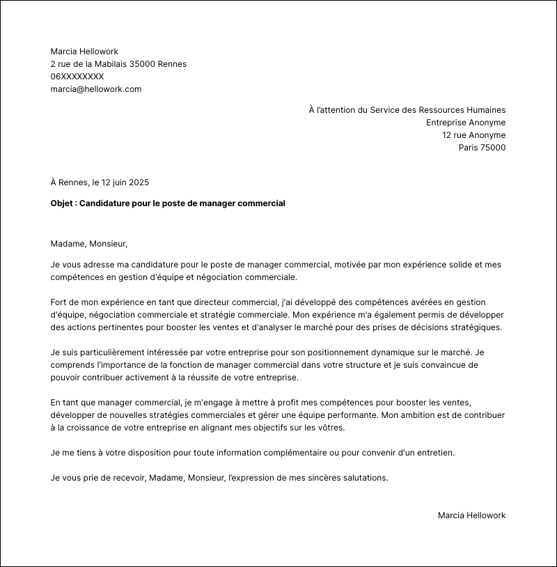 Modèle lettre de motivation Manager commercial Exemple lettre de motivation Manager commercial