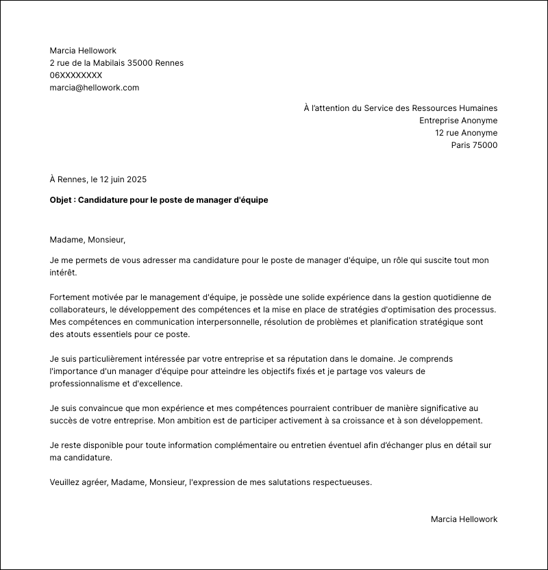Modèle lettre de motivation Manager d'équipe Exemple lettre de motivation Manager d'équipe