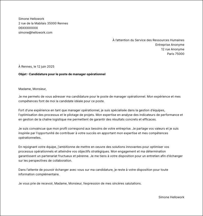 Modèle lettre de motivation Manager opérationnel Exemple lettre de motivation Manager opérationnel