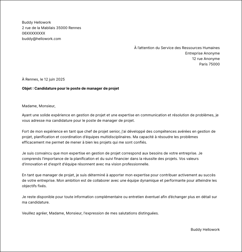 Modèle lettre de motivation Manager de projet Exemple lettre de motivation Manager de projet