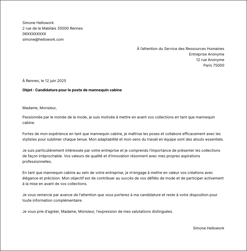 Modèle lettre de motivation Mannequin cabine Exemple lettre de motivation Mannequin cabine