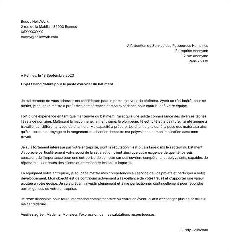 Exemple Lettre de Motivation Ouvrier du bâtiment Hellowork — free download