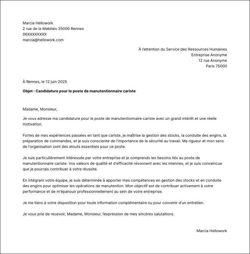 Exemple lettre de motivation Manutentionnaire cariste