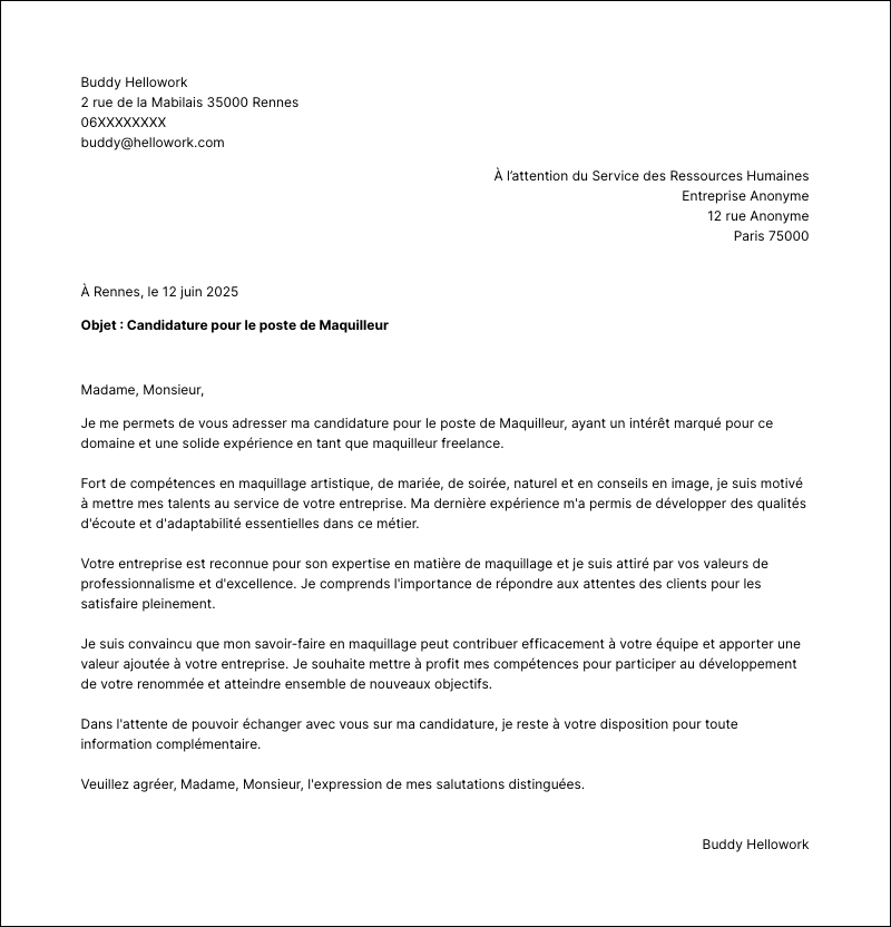 Modèle lettre de motivation Maquilleuse Exemple lettre de motivation Maquilleuse