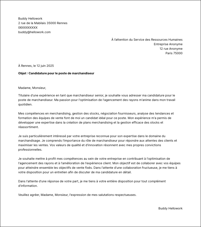 Modèle lettre de motivation Marchandiseur Exemple lettre de motivation Marchandiseur